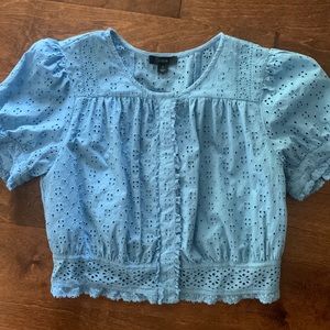J crew button front eyelet crop top sz S blue small blouse shirt lace 2022